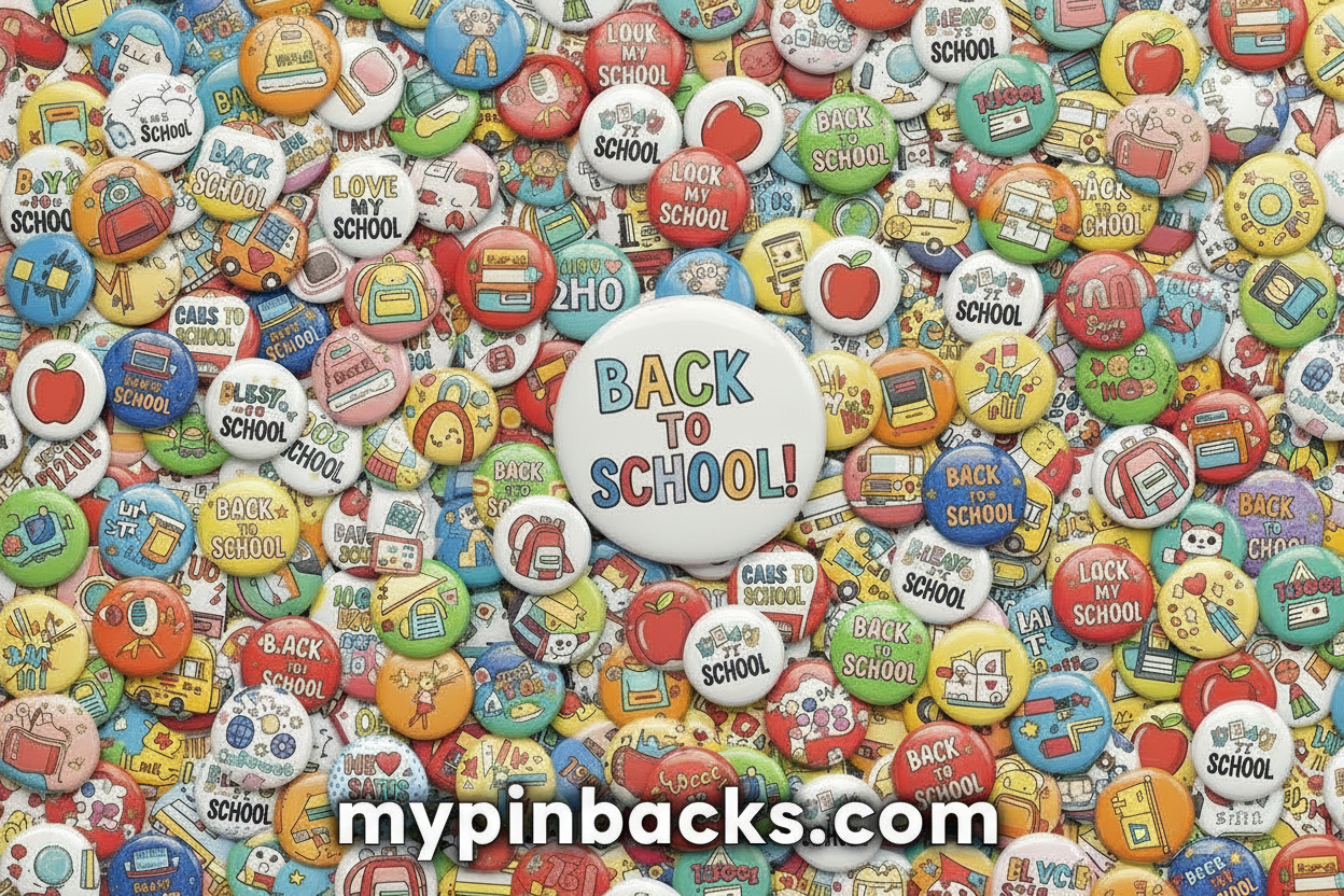 A dense collection of colorful 'Back to School' button badges and pins filling the frame, with a central white button reading 'BACK TO SCHOOL!' in blue and orange lettering.