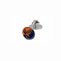 Navy and orange round enamel lapel pin with metal back clasp