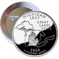 Round pinback button with Michigan 1837 Great Lakes State coin design