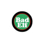 Bad Elf pinback button, black border with green center and white “Bad Elf” text