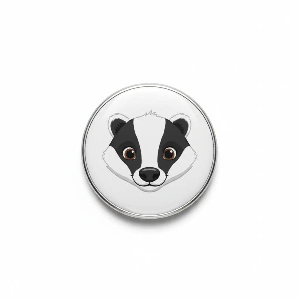 Round pinback button with black and white badger face illustration