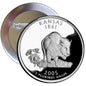 Kansas 2005 quarter mint pinback button with bison, flowers, and Kansas 1861 text