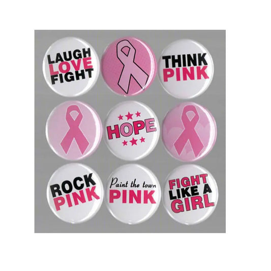 Breast cancer awareness pin button set with six round pink ribbon message buttons