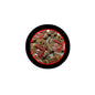 Round gingerbread pinback button with black edge and cookie pattern