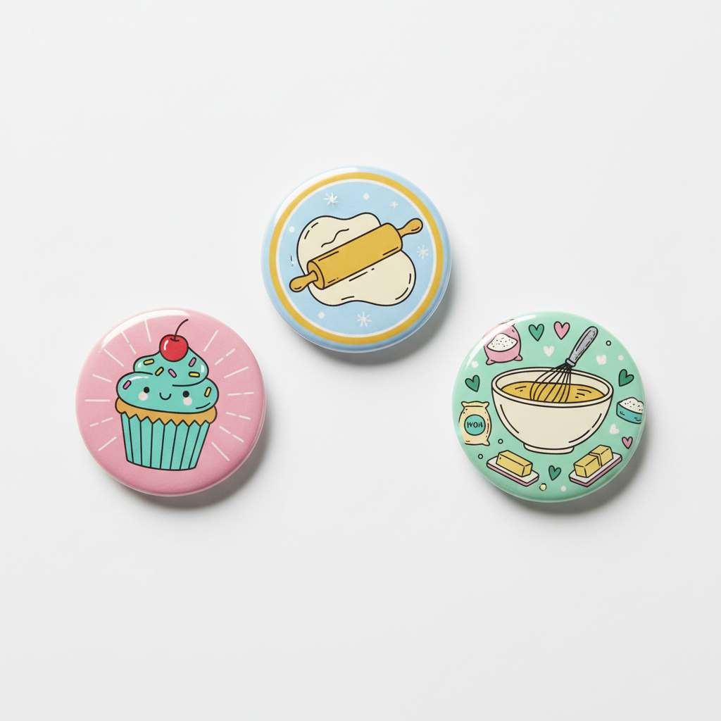 Three round pin-back buttons with baking-themed illustrations on a light gray background. One button shows a pink cupcake with a cherry, one shows a rolling pin on dough, and one shows a mixing bowl with ingredients.
