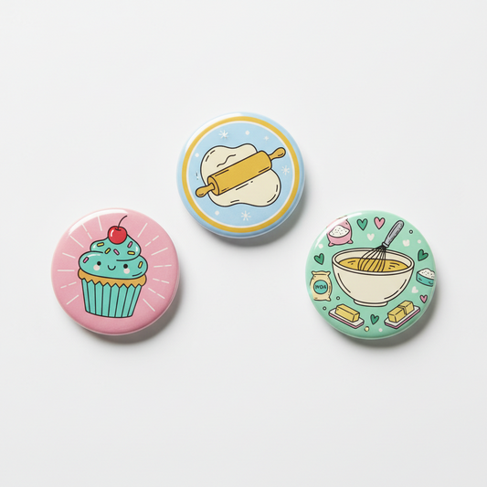 Three round pin-back buttons with baking-themed illustrations on a light gray background. One button shows a pink cupcake with a cherry, one shows a rolling pin on dough, and one shows a mixing bowl with ingredients.