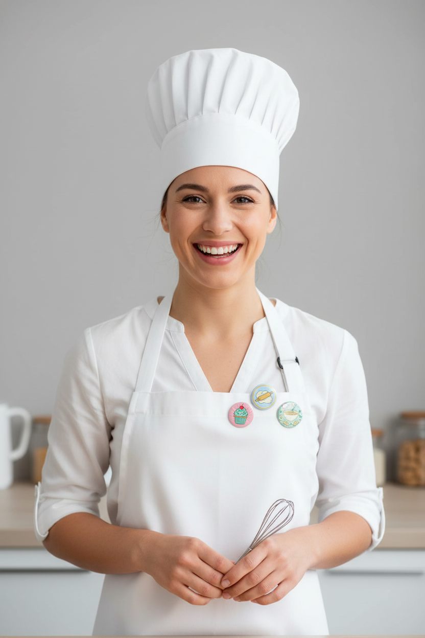 A smiling woman wearing a white chef's hat, white chef coat, and white apron stands in a kitchen setting, holding a whisk.