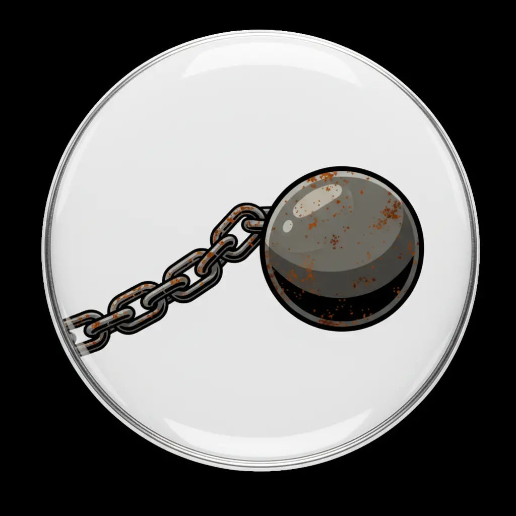 2.25-inch round pinback button with ball and chain graphic
