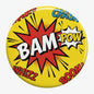 Yellow comic slogan pinback button with BAM, POW, CRASH, WHIZZ and BOOM text