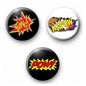 Set of three round pinback buttons with Bang, Pow, and Kapow comic designs