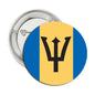 Barbados flag pinback button, round blue and gold with black trident