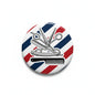 2.25-inch barber pinback button with barber tools and red-white-blue stripes