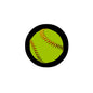 Round baseball pinback button with green ball, red stitches, black rim