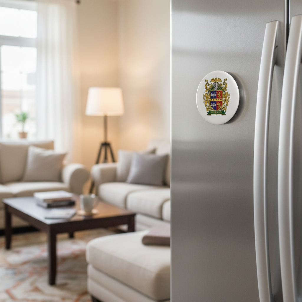 Round family crest coat of arms magnet mounted on cabinet door