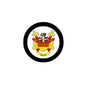 Round 3-inch coat of arms magnet, black rim with colorful shield crest and banner.