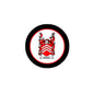 Round black pinback button with white/red border and red heraldic crest, text “DAWDE”
