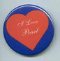Heart-shaped I Love Pearl pinback button with blue rim and red heart design