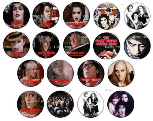Round pinback button set with assorted cast portraits and themed artwork