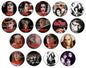 Round pinback button set with assorted cast portraits and themed artwork
