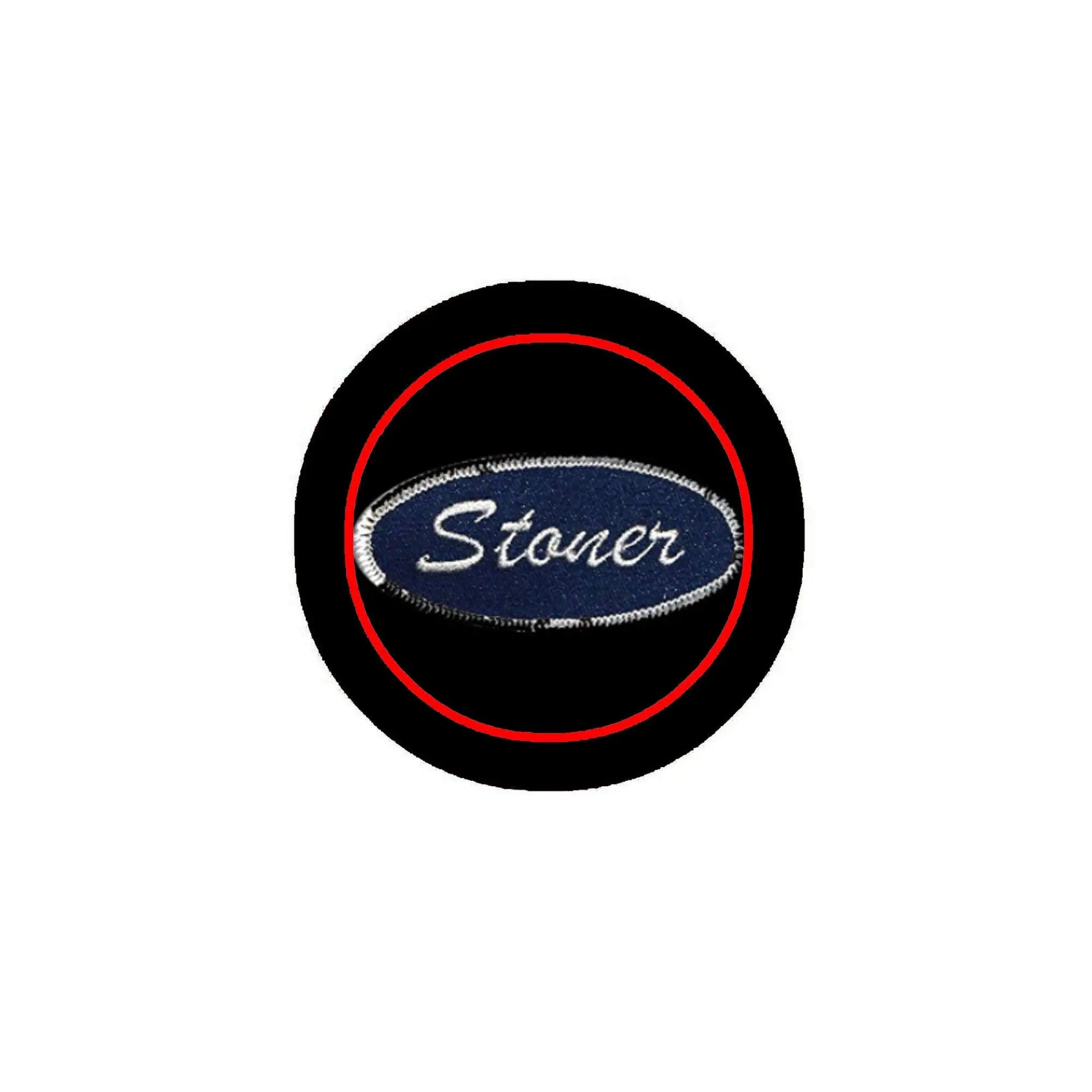 Round black pinback badge with red border and blue 'Stoner' cursive text