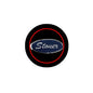 Round black pinback badge with red border and blue 'Stoner' cursive text