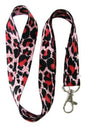Leopard-print lanyard with red, orange, and black pattern and metal key clip