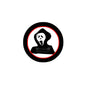 Circular black pinback button with red ring and white creepy ghost face design