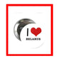 Round silver button pin: red heart with 'I ♥ BELARUS' text