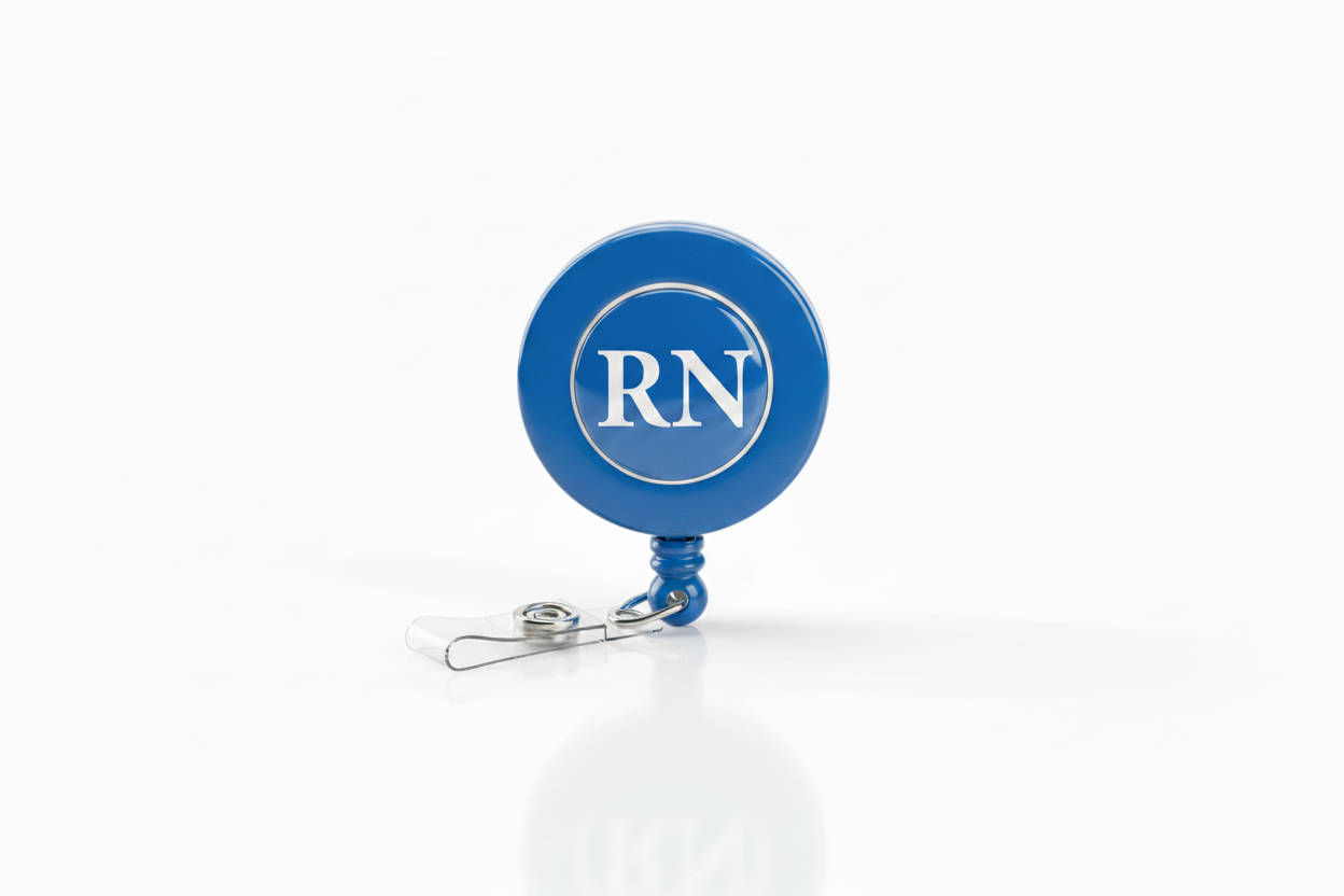 Blue RN retractable badge reel with round logo and metal clip