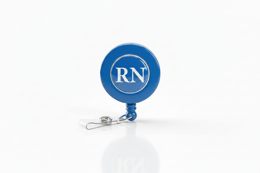 Blue retractable badge reel with RN initials
