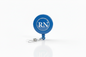 Blue RN retractable badge reel with round logo and metal clip