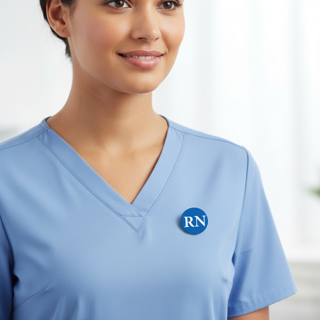 Blue V-neck scrub top with small blue RN logo badge