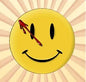 Round yellow smiley face pinback button with black eyes and curved smile