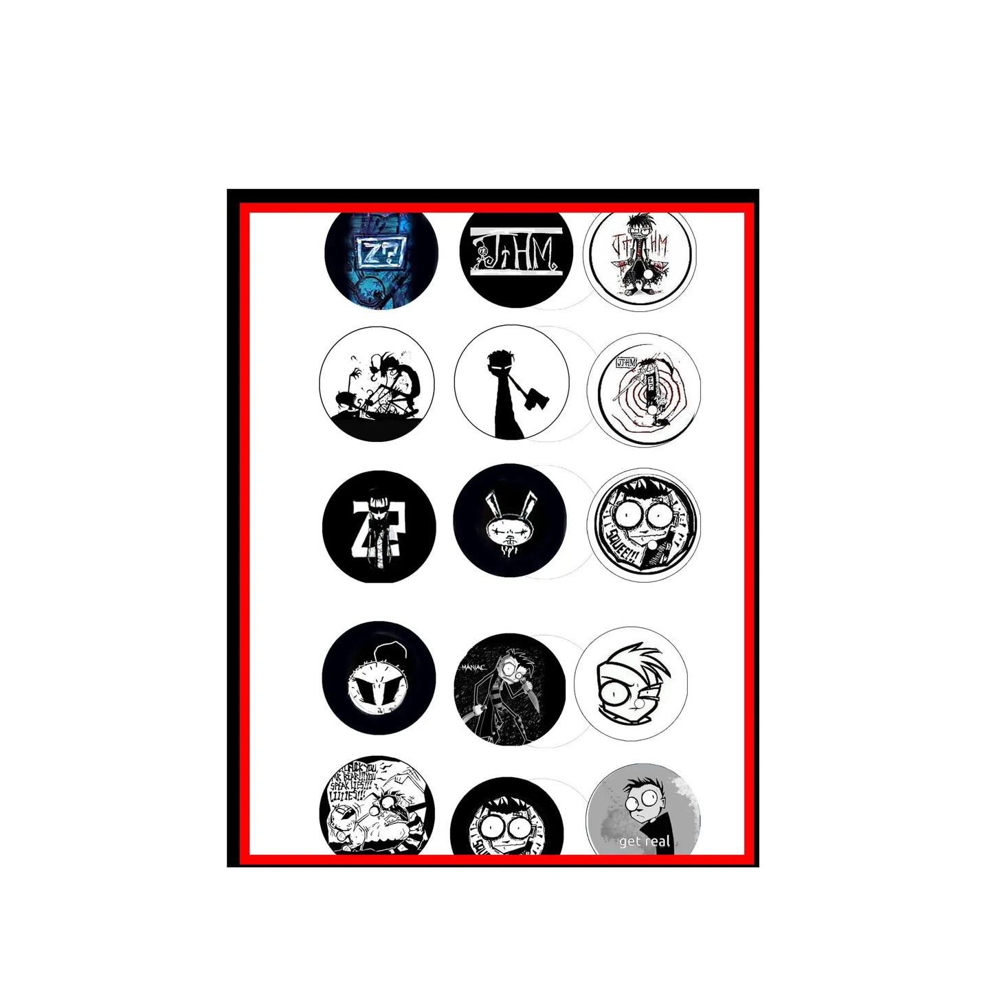 Homicidal 8-piece pinback button set, 1.25-inch circular illustrated designs on display