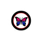 Butterfly pinback button: circular black border with multicolor butterfly and red rim