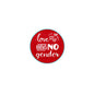 Red pinback button with "Love knows no gender" text and heart icons, round 1.25-inch