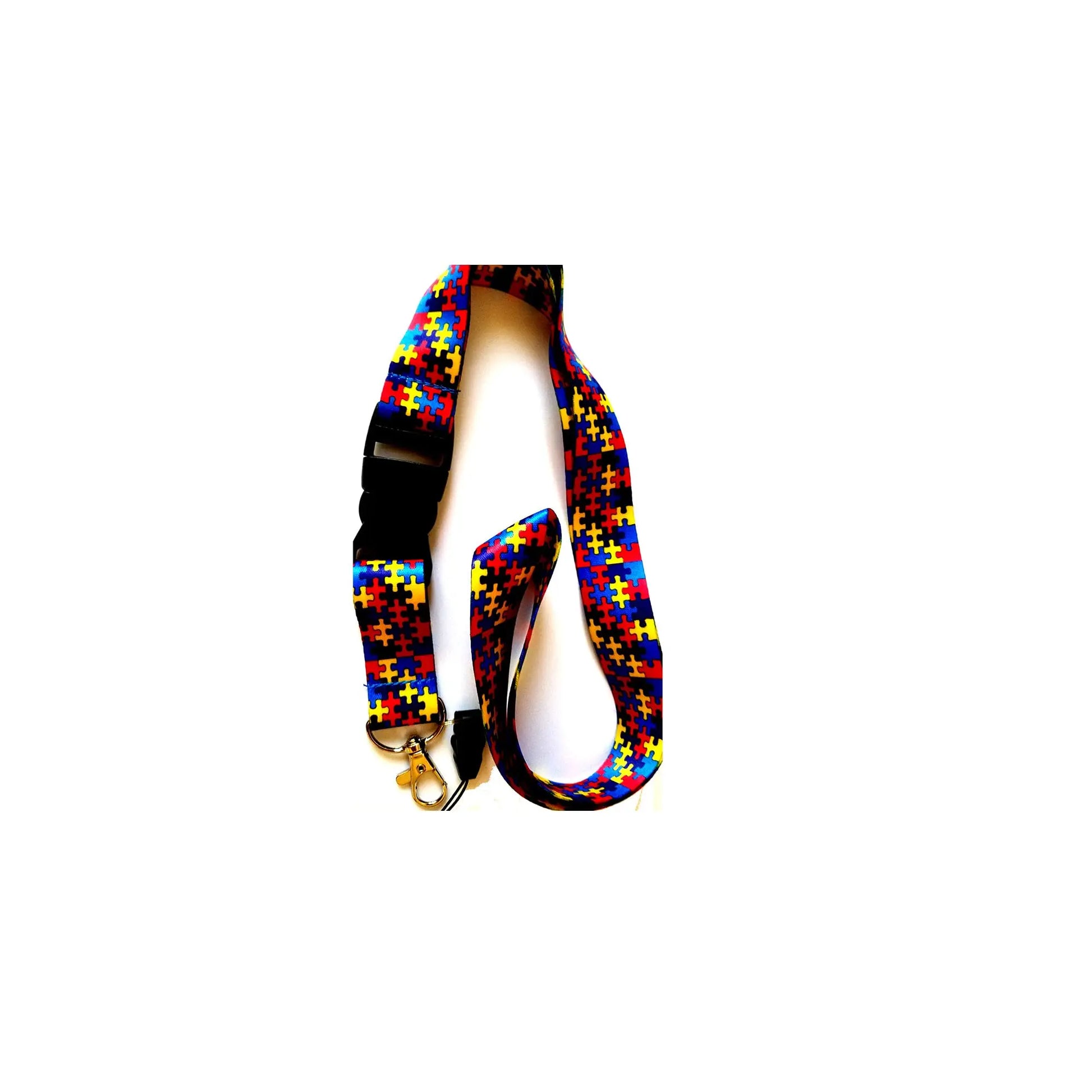 Autism puzzle-print lanyard with metal hook and phone string
