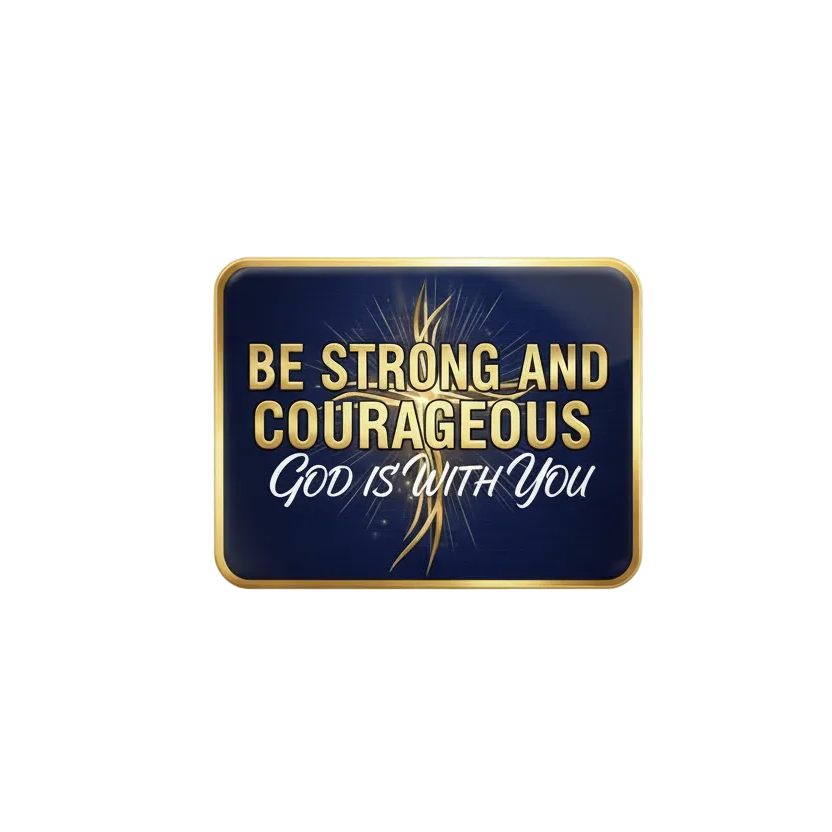 A rectangular lapel pin with a navy blue background and gold border, featuring the text 'BE STRONG AND COURAGEOUS God is WITH You' in gold and white lettering, pinned to a blue denim jacket over a gray shirt.