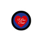 Round pinback button with black rim, blue center, red heart and cursive 'I Love Trent'