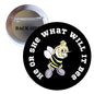 Black 2.25-inch round pinback button with bee cartoon and 'What will it Bee?' text