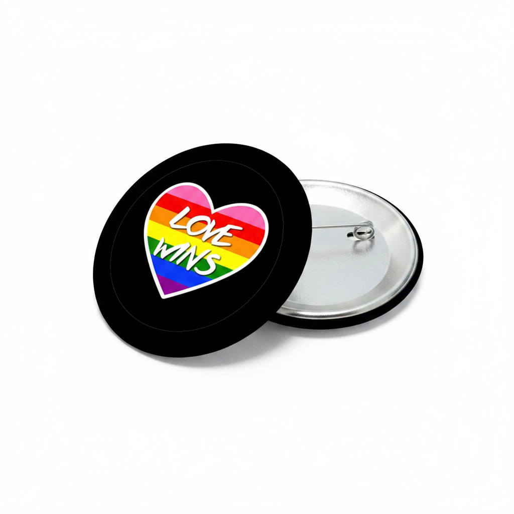 Black pinback button with rainbow heart 'Love Wins' front; silver back safety pin