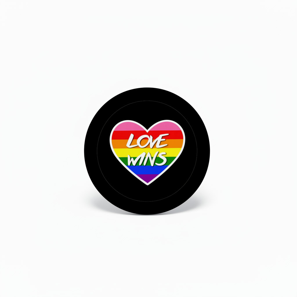 Black round pinback button with rainbow heart and 'Love Wins' text, pink border