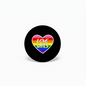 Black round pinback button with rainbow heart and 'Love Wins' text, pink border