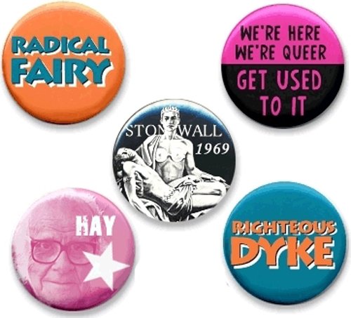 5 Stonewall 1.25" Pinback Buttons, Gay Pride, Radical Fairy