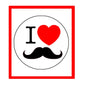 1.25-inch pinback button with black mustache, red heart, and bold black “I” on white circle