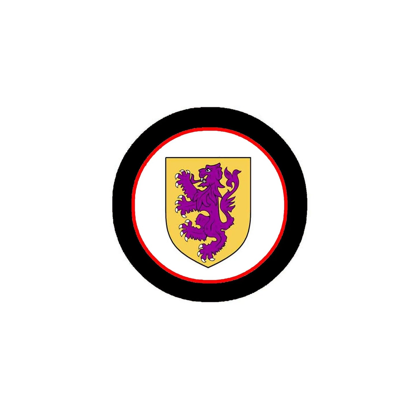 3-inch round coat-of-arms magnet, black/red rings, purple lion on gold shield