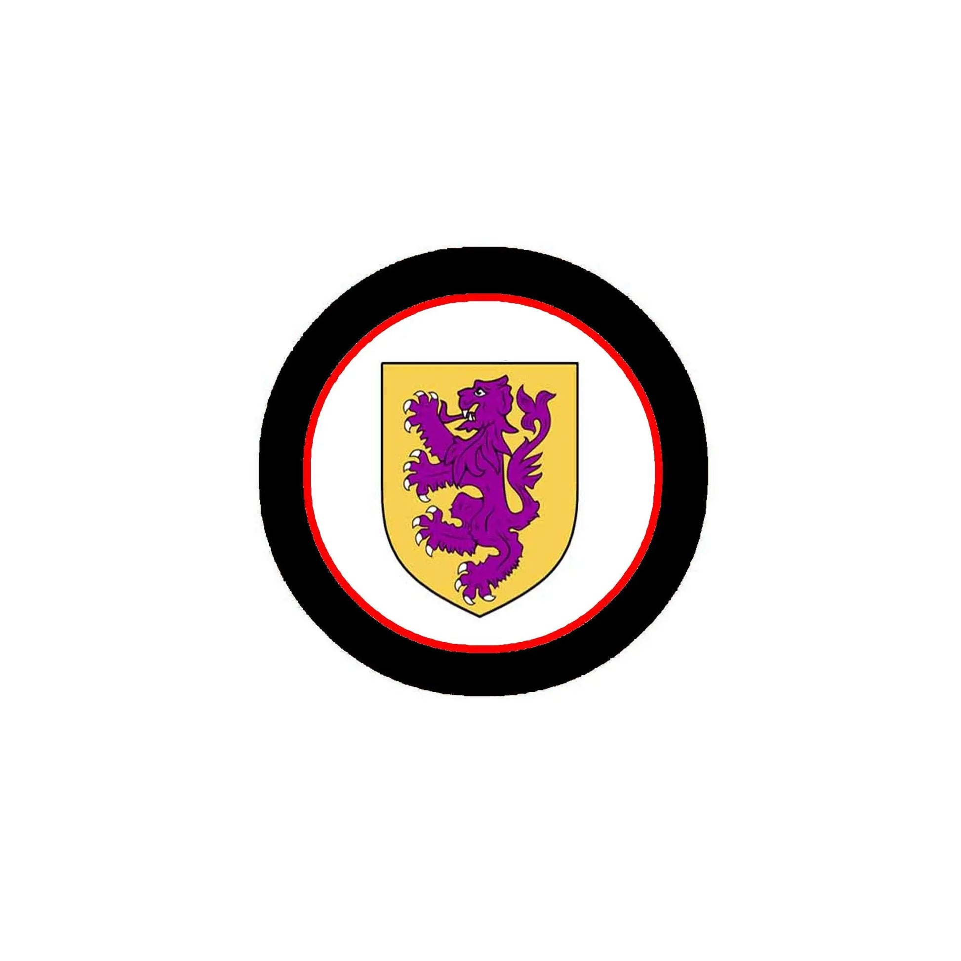 3-inch round coat-of-arms magnet, black/red rings, purple lion on gold shield