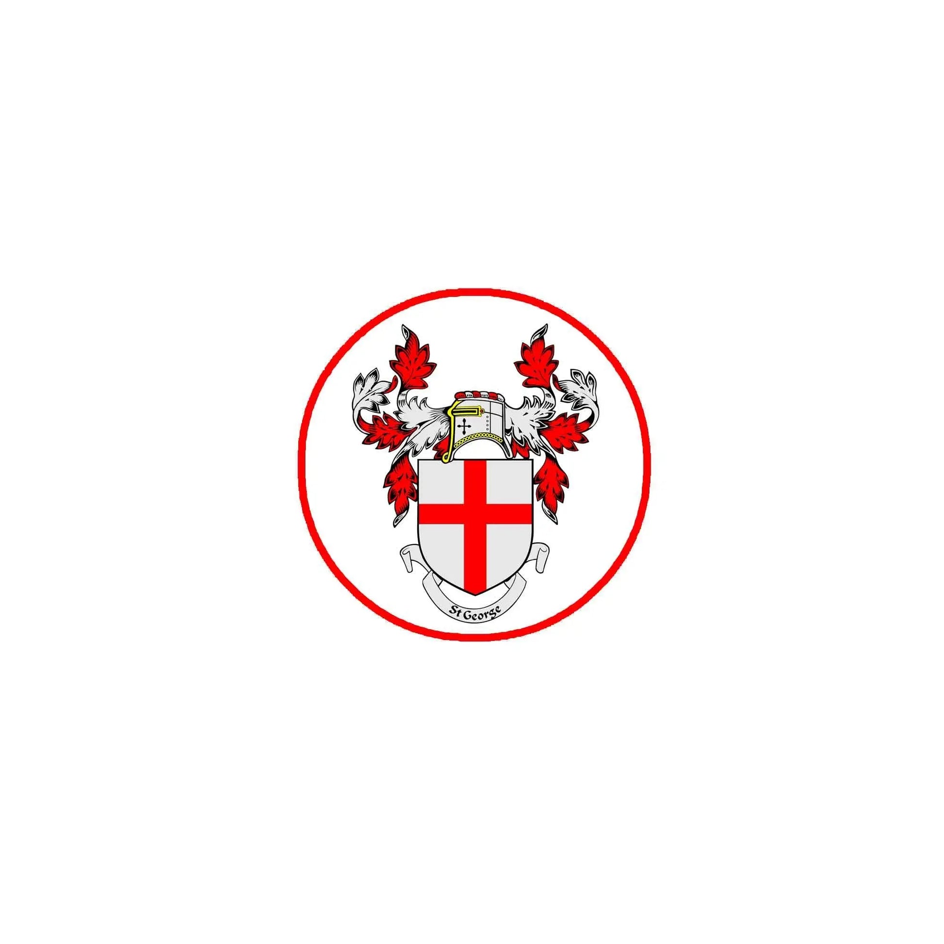 St. George family crest coat of arms magnet with red cross and maple leaves, circular