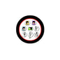 8-pack cartoon music band pinback buttons in circular black-and-white design