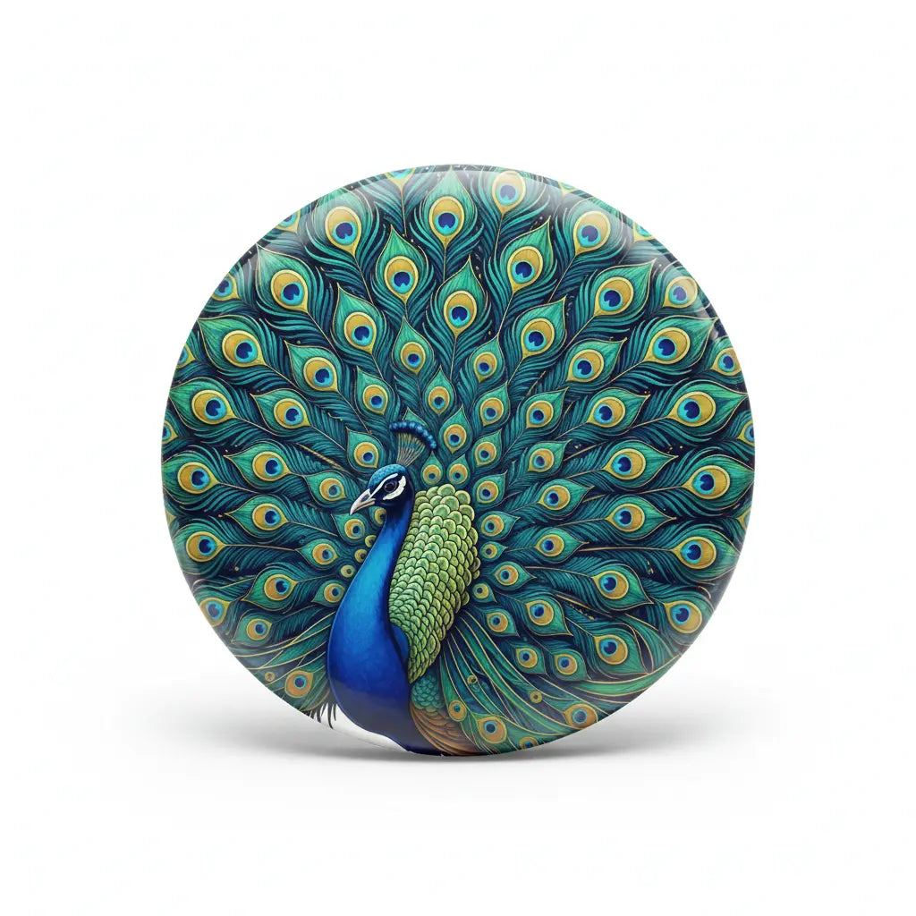 Peacock feather pinback button, round colorful artwork with blue peacock center